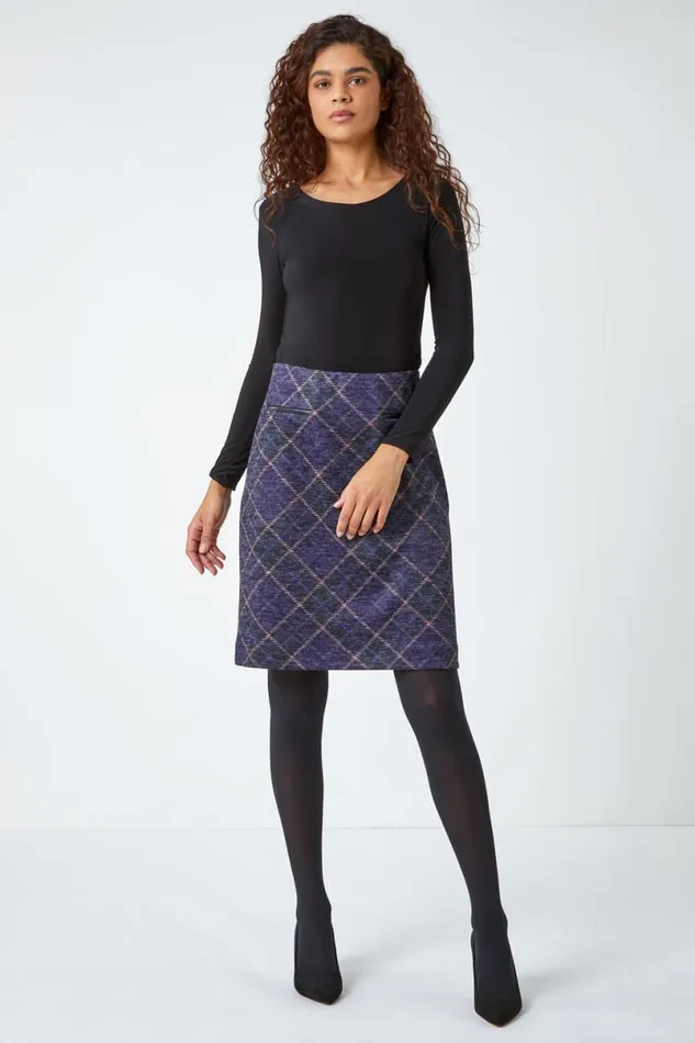 Purple Elastic Waist Check Print Pocket A Line Skirt Women Roman Skirts