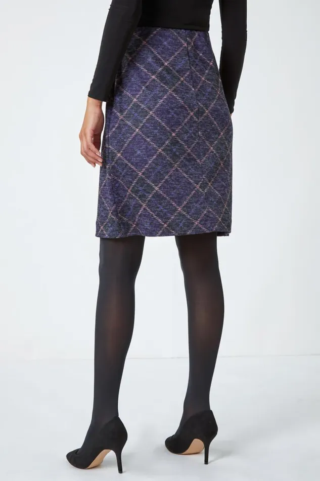 Purple Elastic Waist Check Print Pocket A Line Skirt Women Roman Skirts