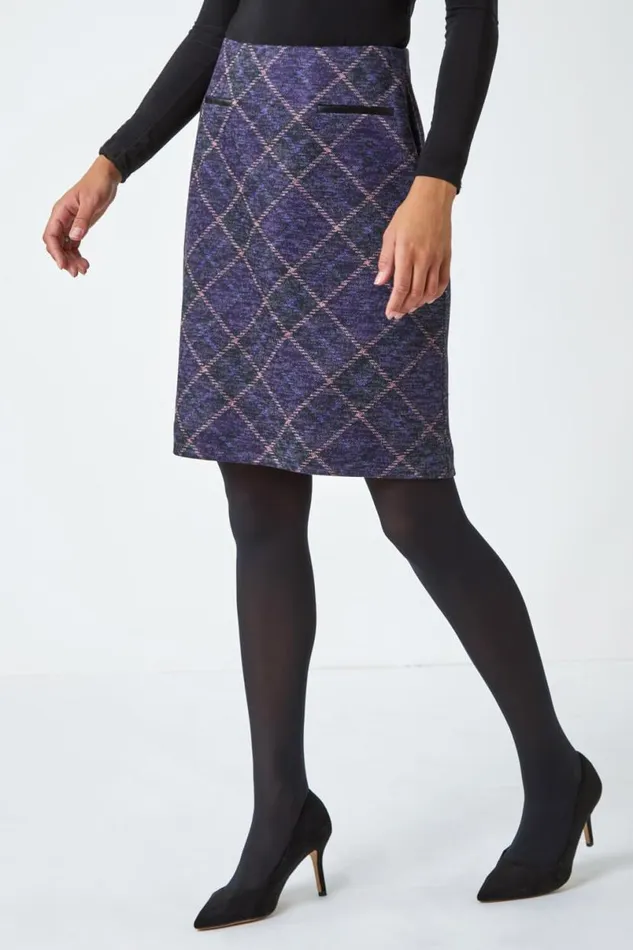 Purple Elastic Waist Check Print Pocket A Line Skirt Women Roman Skirts