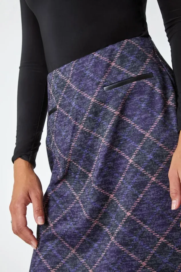 Purple Elastic Waist Check Print Pocket A Line Skirt Women Roman Skirts