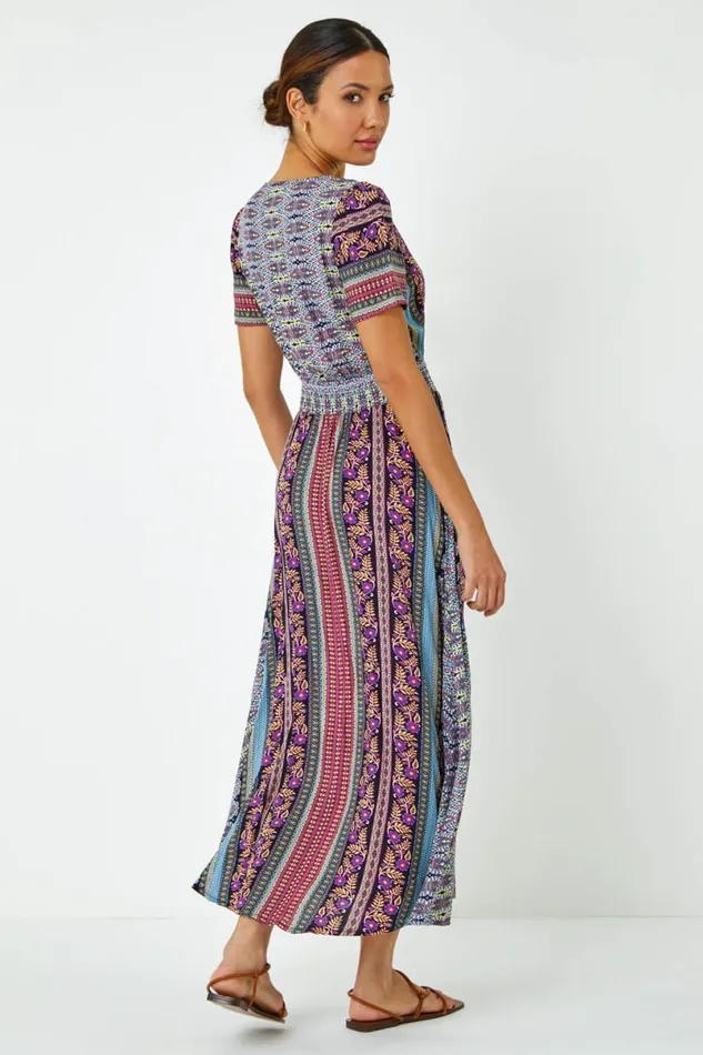 Purple Floral Print Fit And Flare Maxi Dress Women Roman Dresses