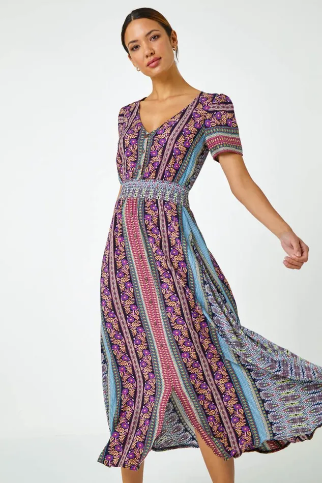 Purple Floral Print Fit And Flare Maxi Dress Women Roman Dresses