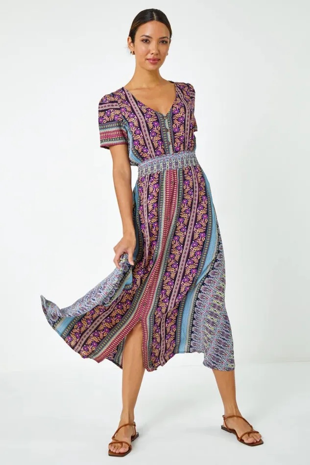 Purple Floral Print Fit And Flare Maxi Dress Women Roman Dresses