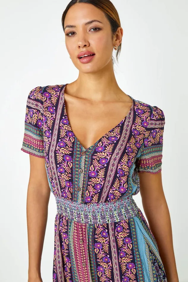 Purple Floral Print Fit And Flare Maxi Dress Women Roman Dresses
