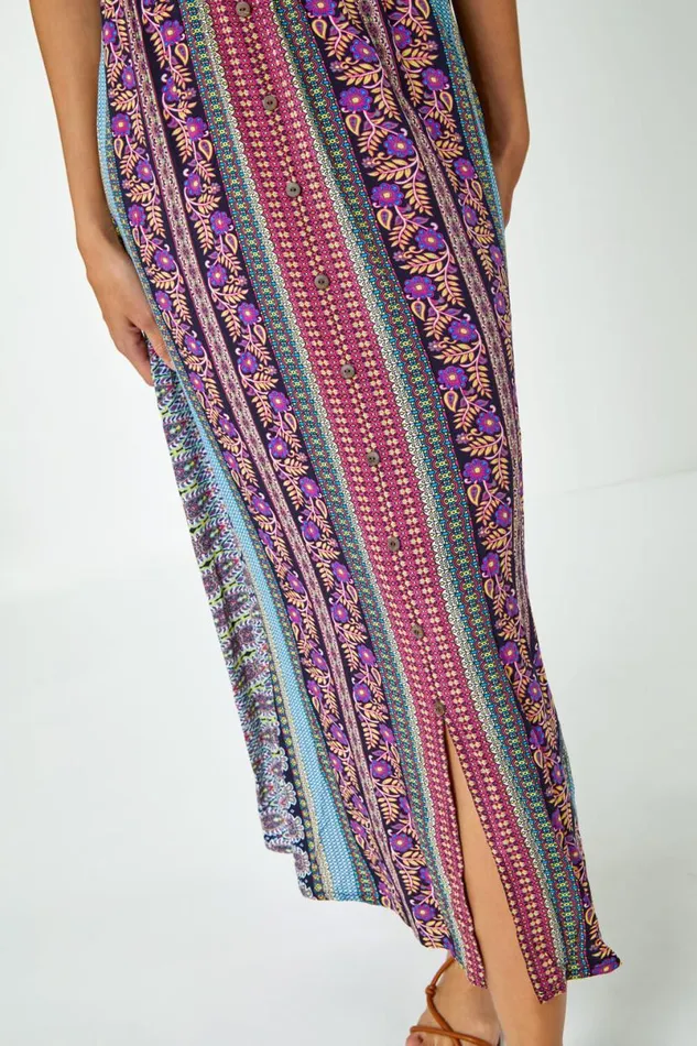 Purple Floral Print Fit And Flare Maxi Dress Women Roman Dresses