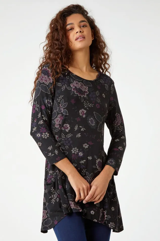 Purple Paisley Print Swing Stretch Top Women Roman Tops