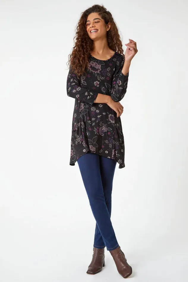Purple Paisley Print Swing Stretch Top Women Roman Tops