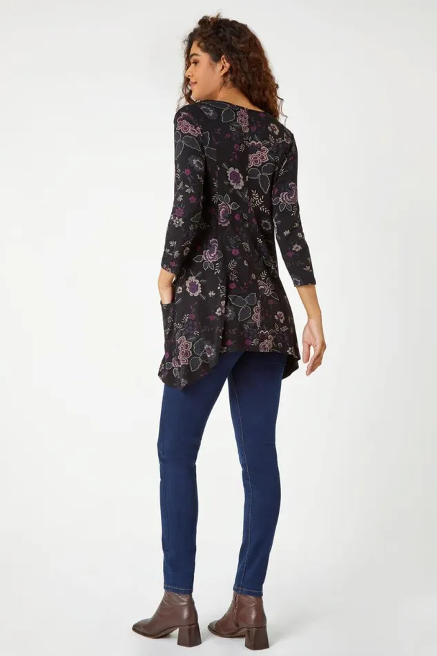 Purple Paisley Print Swing Stretch Top Women Roman Tops