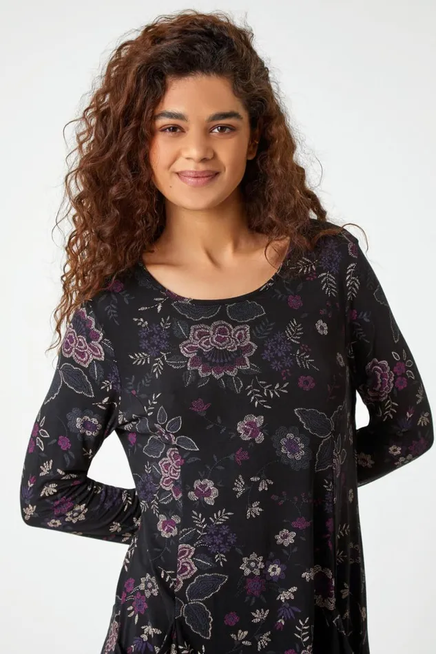 Purple Paisley Print Swing Stretch Top Women Roman Tops