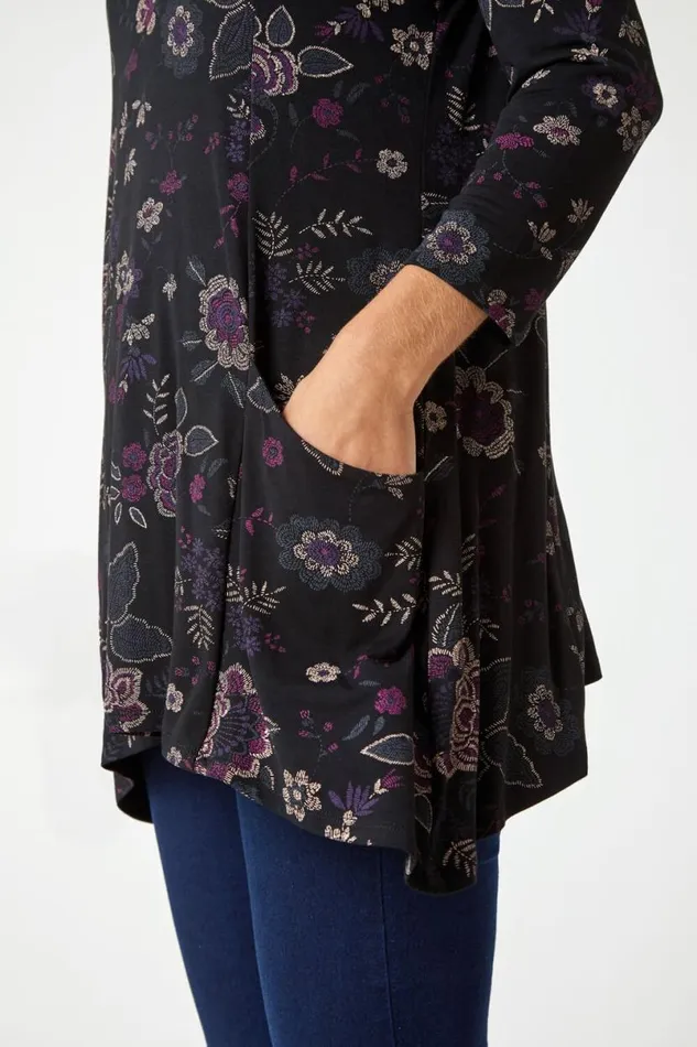 Purple Paisley Print Swing Stretch Top Women Roman Tops