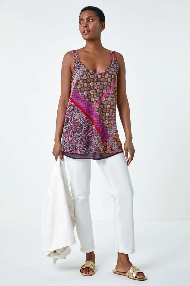 Purple Patchwork Paisley Print Cami Top Women Roman Tops