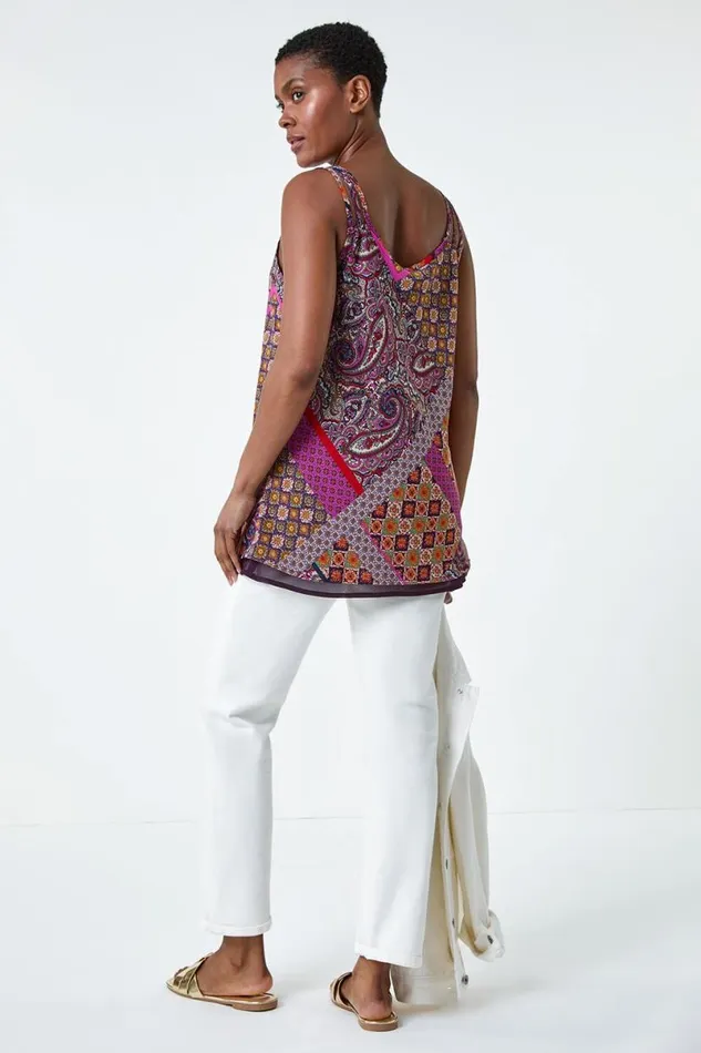 Purple Patchwork Paisley Print Cami Top Women Roman Tops