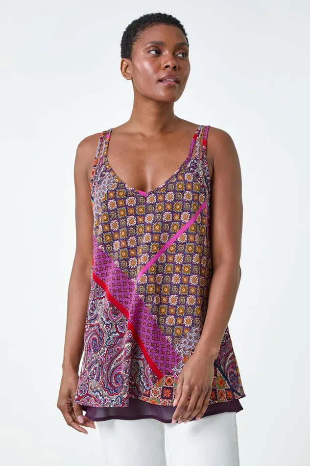 Purple Patchwork Paisley Print Cami Top Women Roman Tops