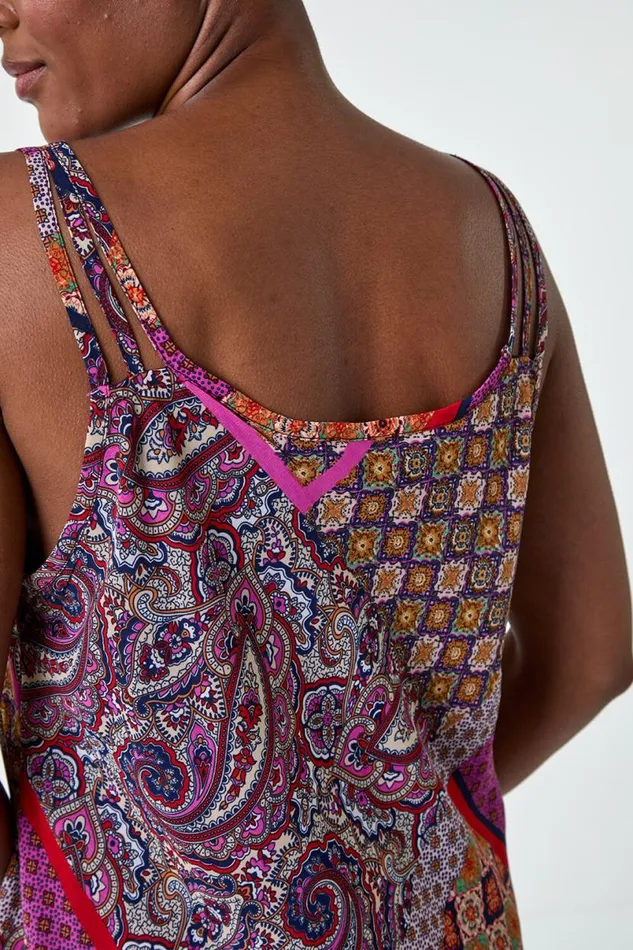 Purple Patchwork Paisley Print Cami Top Women Roman Tops