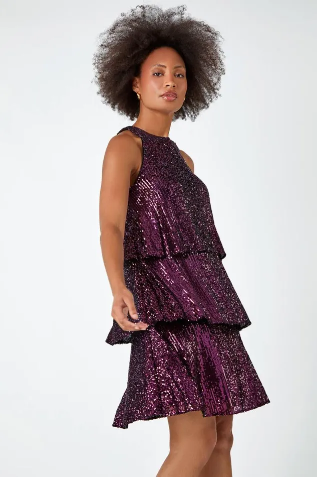 Purple Sequin Embellished Tiered Stretch Dress Women Roman Dresses
