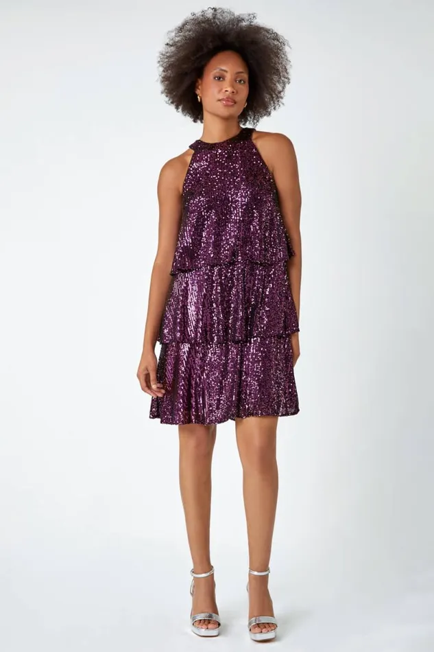 Purple Sequin Embellished Tiered Stretch Dress Women Roman Dresses