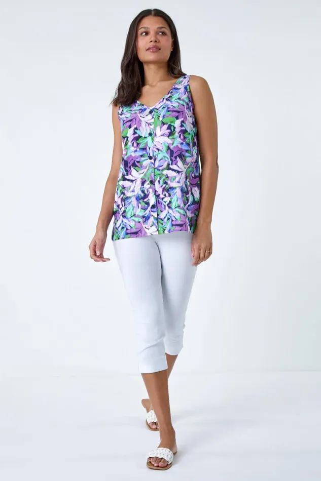 Purple Sleeveless VNeck Leaf Print Button Cami Top Women Roman Tops