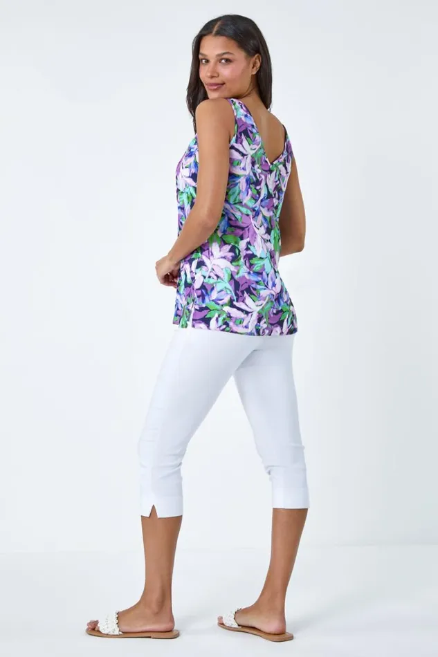 Purple Sleeveless VNeck Leaf Print Button Cami Top Women Roman Tops