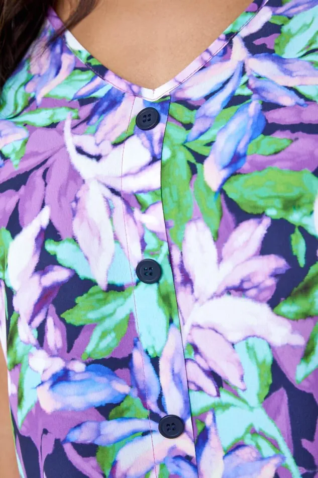 Purple Sleeveless VNeck Leaf Print Button Cami Top Women Roman Tops
