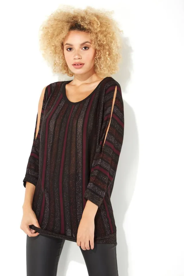 Purple Sparkle Stripe Split Sleeve Jumper Women Roman Tops