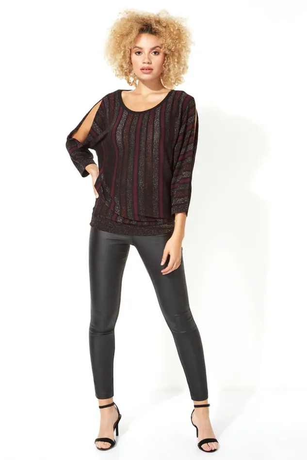 Purple Sparkle Stripe Split Sleeve Jumper Women Roman Tops