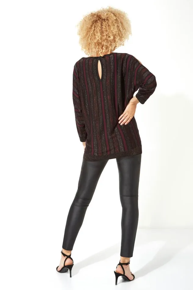 Purple Sparkle Stripe Split Sleeve Jumper Women Roman Tops