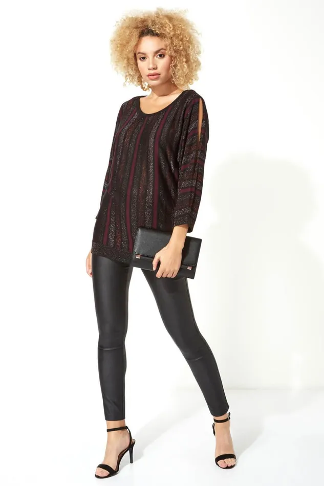 Purple Sparkle Stripe Split Sleeve Jumper Women Roman Tops