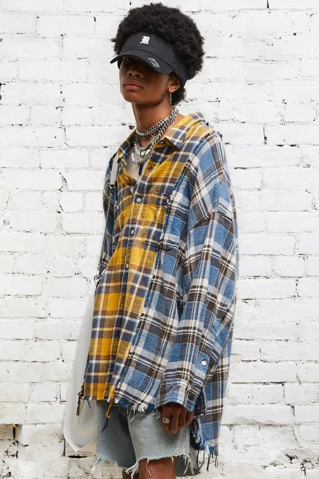 R13 Tops And Knitwear Men Drop Neck Combo Workshirt 8211 Blue And Yellow Plaid