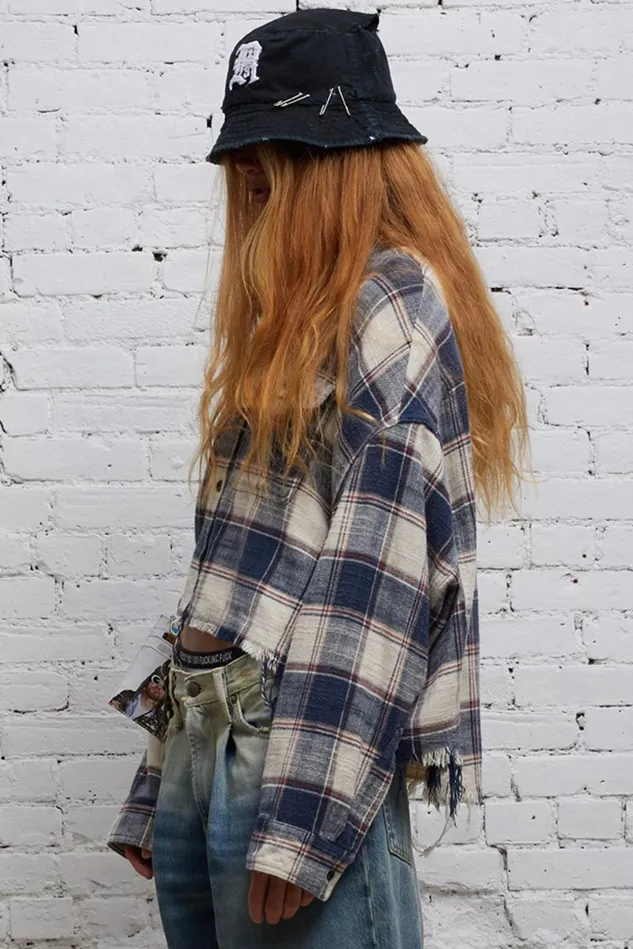 R13 Tops Women Cropped Work Shirt 8211 Ecru Plaid