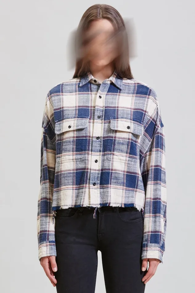 R13 Tops Women Cropped Work Shirt 8211 Ecru Plaid