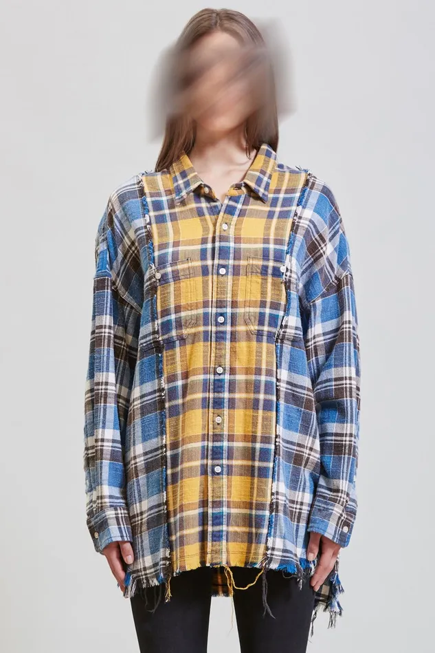 R13 Tops Women Drop Neck Combo Workshirt 8211 Blue And Yellow Plaid