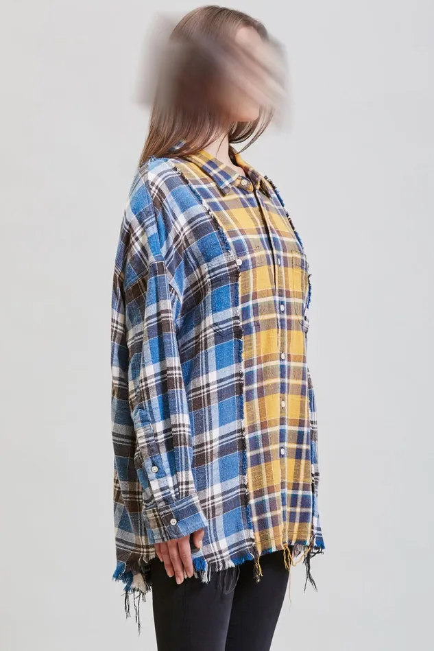 R13 Tops Women Drop Neck Combo Workshirt 8211 Blue And Yellow Plaid