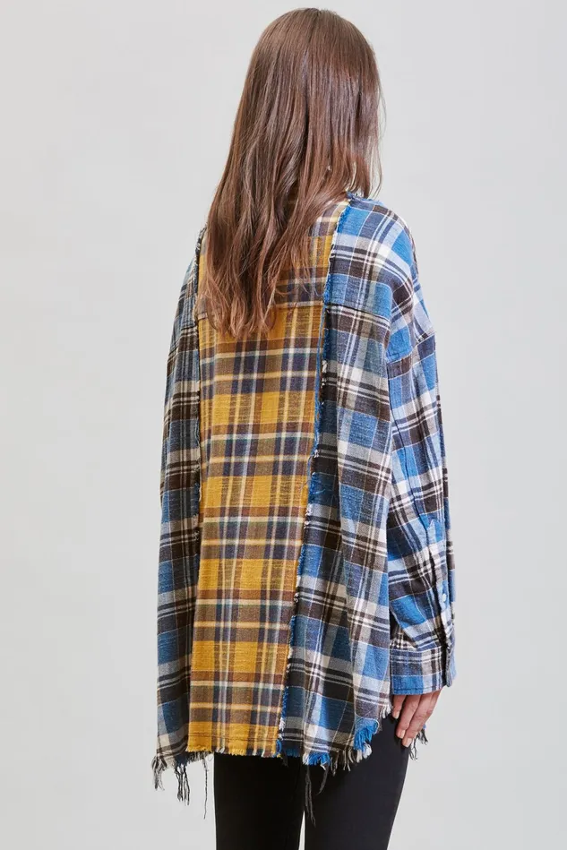 R13 Tops Women Drop Neck Combo Workshirt 8211 Blue And Yellow Plaid