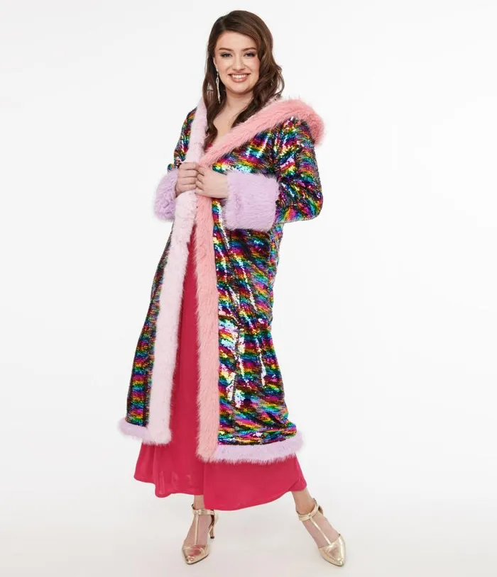 Rainbow Sequin Long Coat Clothing Unique Vintage Coats and Jackets