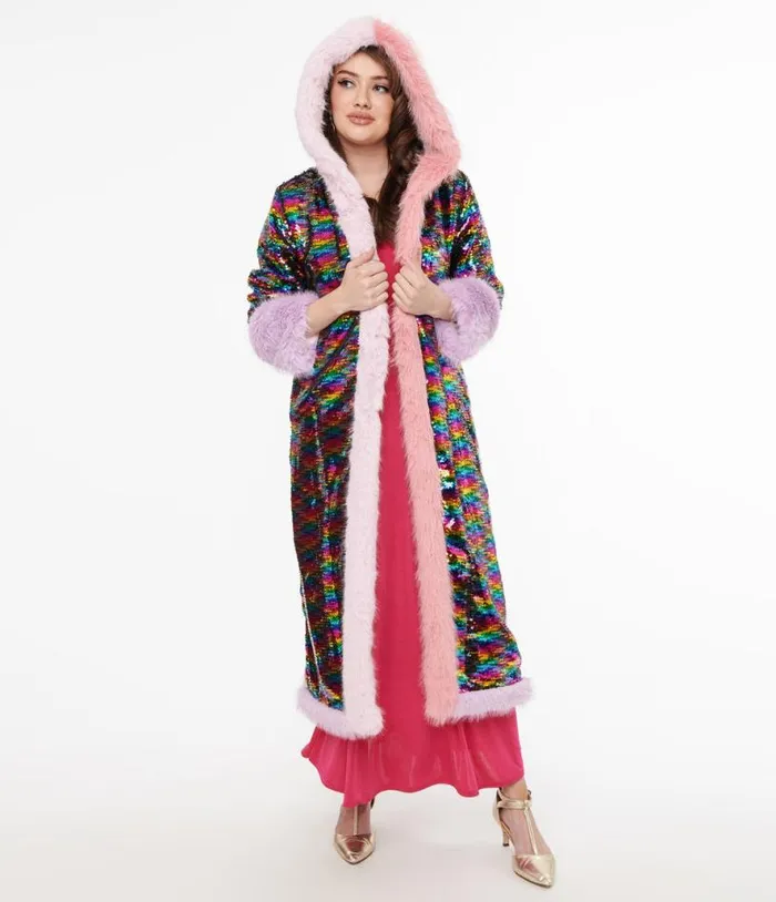 Rainbow Sequin Long Coat Clothing Unique Vintage Coats and Jackets