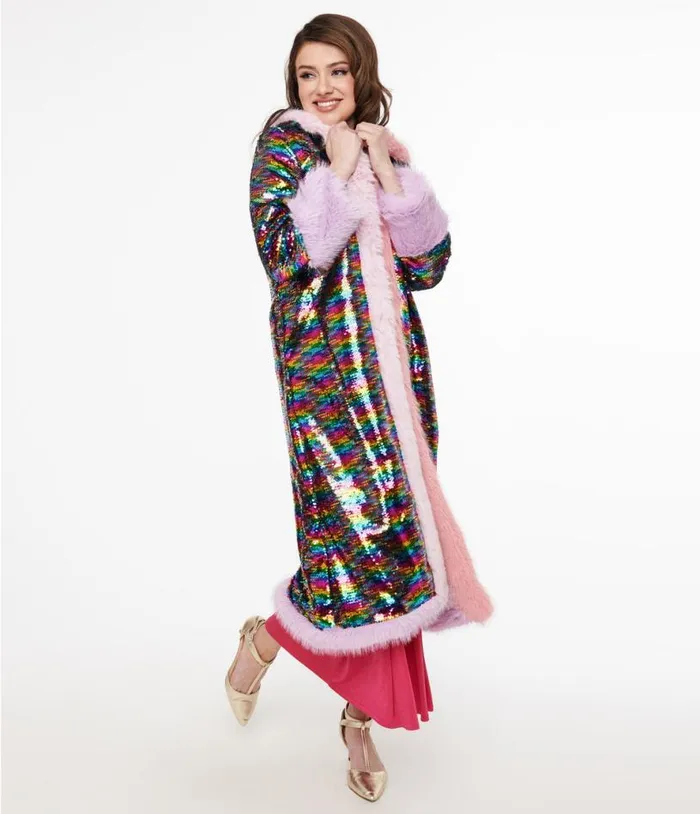 Rainbow Sequin Long Coat Clothing Unique Vintage Coats and Jackets