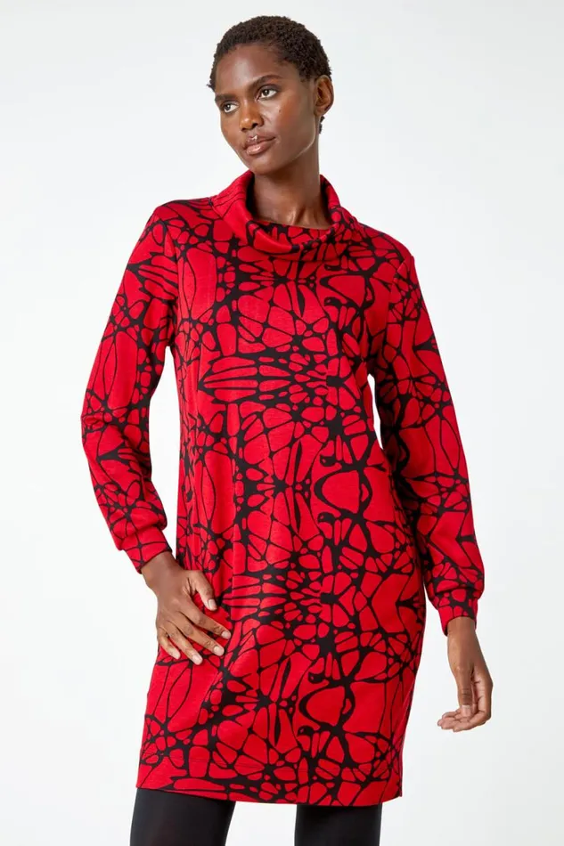 Red Abstract Cowl Neck Pocket Shift Dress Women Roman Dresses