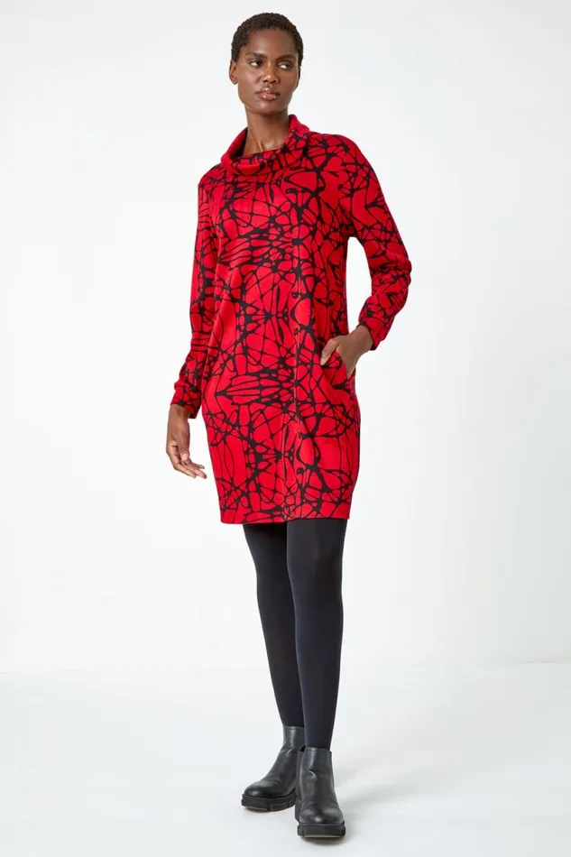 Red Abstract Cowl Neck Pocket Shift Dress Women Roman Dresses