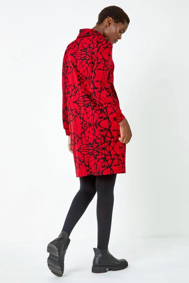 Red Abstract Cowl Neck Pocket Shift Dress Women Roman Dresses