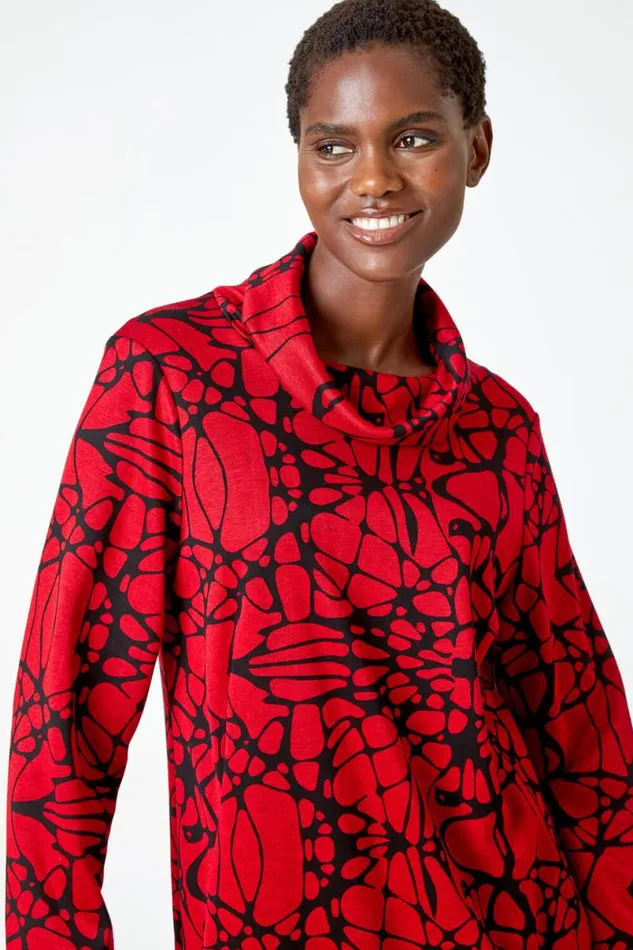 Red Abstract Cowl Neck Pocket Shift Dress Women Roman Dresses