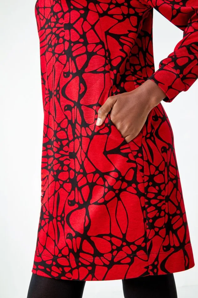 Red Abstract Cowl Neck Pocket Shift Dress Women Roman Dresses