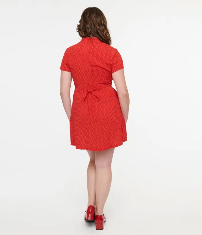 Red and White Pin Dot Button Up Mini Dress Dresses Unique Vintage Pocket Dresses