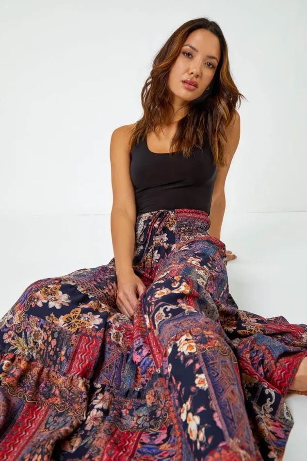 Red Boho Floral Shirred Waist Maxi Skirt Women Roman Skirts