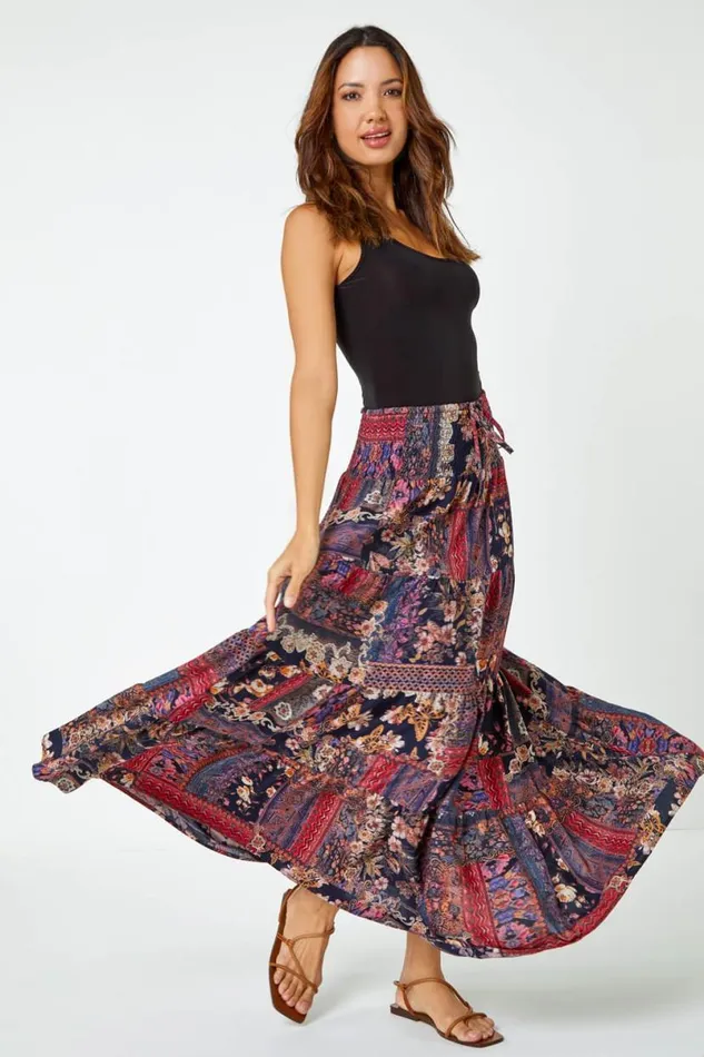 Red Boho Floral Shirred Waist Maxi Skirt Women Roman Skirts