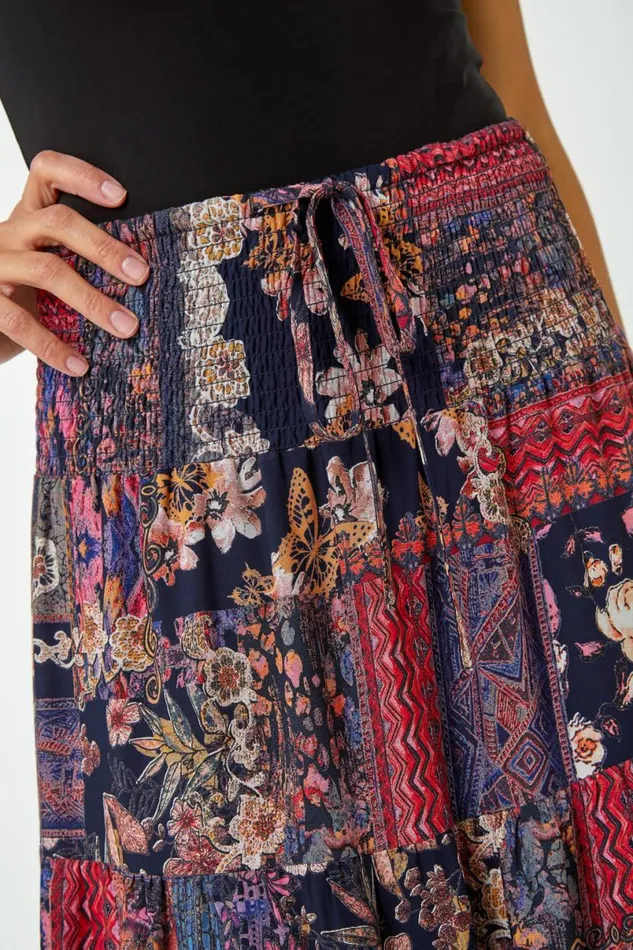 Red Boho Floral Shirred Waist Maxi Skirt Women Roman Skirts