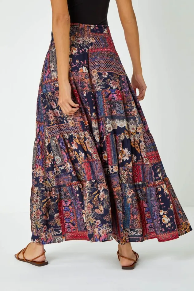 Red Boho Floral Shirred Waist Maxi Skirt Women Roman Skirts