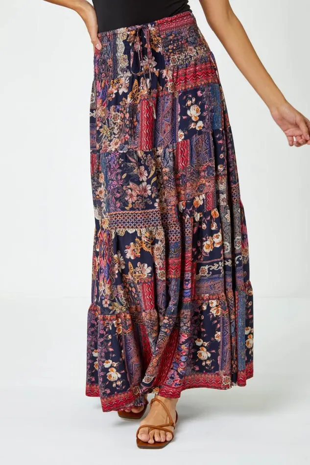 Red Boho Floral Shirred Waist Maxi Skirt Women Roman Skirts