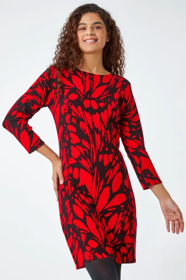 Red Butterfly Print Knitted Stretch Dress Women Roman Dresses