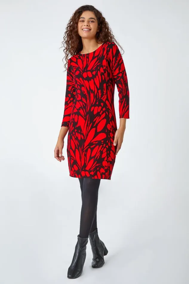 Red Butterfly Print Knitted Stretch Dress Women Roman Dresses
