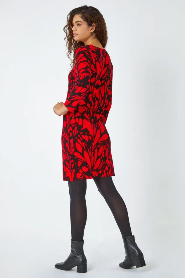 Red Butterfly Print Knitted Stretch Dress Women Roman Dresses